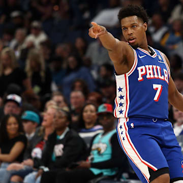 Apr 6, 2024; Memphis, Tennessee, USA; Philadelphia 76ers guard Kyle Lowry (7) reacts after a basket during the first half against the Memphis Grizzlies at FedExForum. Mandatory Credit: Petre Thomas-Imagn Images