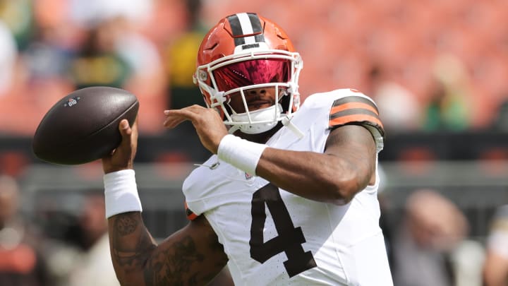 Aug 10, 2024; Cleveland, Ohio, USA; Cleveland Browns quarterback Deshaun Watson (4) before the game against the Green Bay Packers at Cleveland Browns Stadium. Mandatory Credit: Ken Blaze-USA TODAY Sports