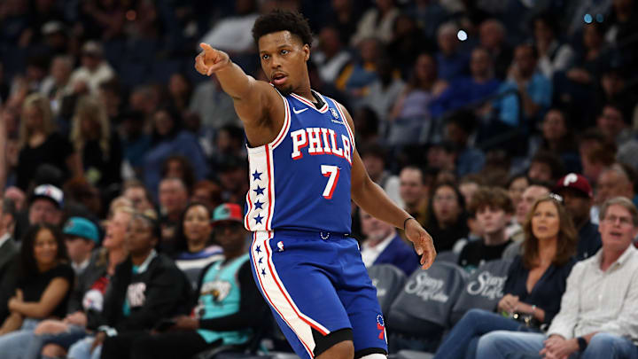 Apr 6, 2024; Memphis, Tennessee, USA; Philadelphia 76ers guard Kyle Lowry (7) reacts after a basket during the first half against the Memphis Grizzlies at FedExForum. Mandatory Credit: Petre Thomas-Imagn Images