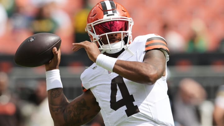 Aug 10, 2024; Cleveland, Ohio, USA; Cleveland Browns quarterback Deshaun Watson (4) before the game against the Green Bay Packers at Cleveland Browns Stadium. Mandatory Credit: Ken Blaze-USA TODAY Sports