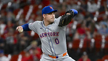 May 7, 2024; St. Louis, Missouri, USA;  New York Mets relief pitcher Adam Ottavino (0) pitches against the St. Louis Cardinals during the ninth inning at Busch Stadium. Mandatory Credit: Jeff Curry-Imagn Images