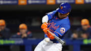 Mar 6, 2025; Port St. Lucie, Florida, USA;  New York Mets outfielder Juan Soto (22) lines out to second base in the fourth inning against the Houston Astros at Clover Park. 