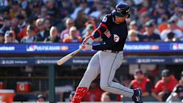 Oct 9, 2024; Detroit, Michigan, USA; Cleveland Guardians catcher Bo Naylor (23) flies out to first base against the Detroit Tigers during the fifth inning during game three of the ALDS for the 2024 MLB Playoffs at Comerica Park.