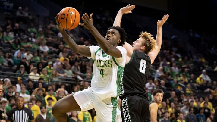 Oregon forward Dezdrick Lindsay goes up for a shot as the Oregon Ducks host the Hawaii Rainbow Warriors on Nov. 4, 2025, at Matthew Knight Arena in Eugene, Oregon.