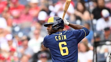 Milwaukee Brewers outfielder Lorenzo Cain takes an at-bat versus the Washington Nationals.