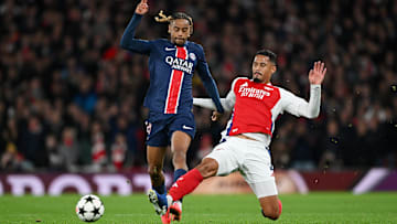 Arsenal FC v Paris Saint-Germain - UEFA Champions League 2024/25 League Phase, Bradley Barcola stopped by William Saliba