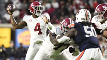 Nov 25, 2023; Auburn, Alabama, USA;  Alabama Crimson Tide quarterback Jalen Milroe (4) throws a pass against the Auburn Tigers at Jordan-Hare Stadium. Alabama won 27-24. Mandatory Credit: Gary Cosby Jr.-Imagn Images