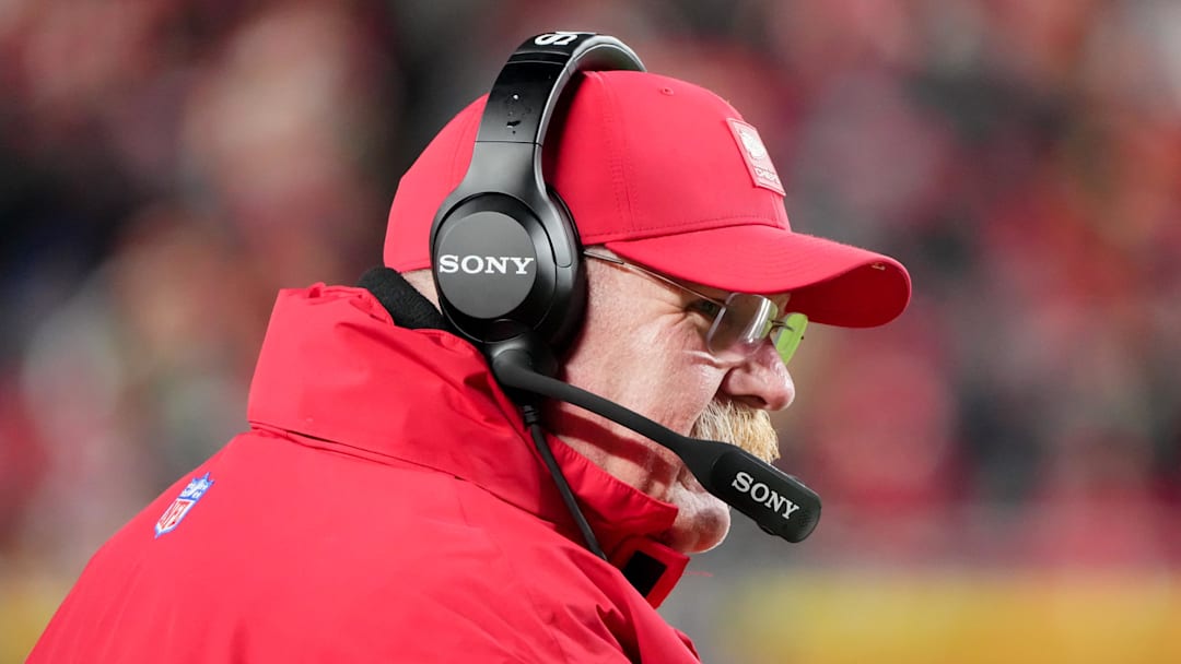Dec 7, 2025; Kansas City, Missouri, USA; Kansas City Chiefs head coach Andy Reid looks on during the third quarter against the Houston Texans at GEHA Field at Arrowhead Stadium. Mandatory Credit: Denny Medley-Imagn Images