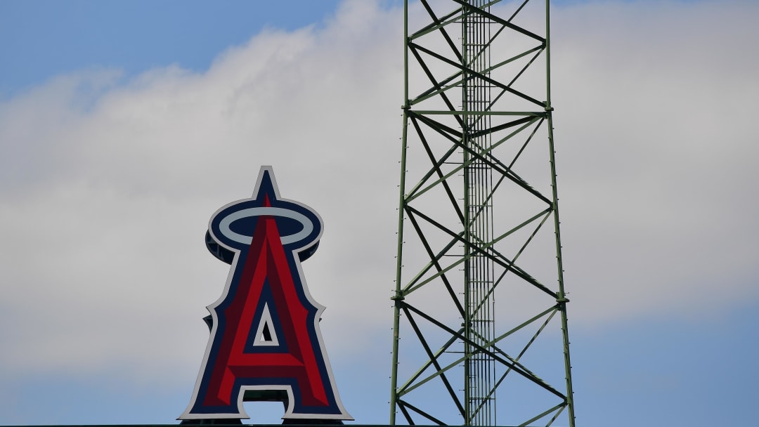 May 26, 2024; Anaheim, California, USA; Los Angeles Angels logo pictured at Angel Stadium. Mandatory Credit: Gary A. Vasquez-USA TODAY Sports