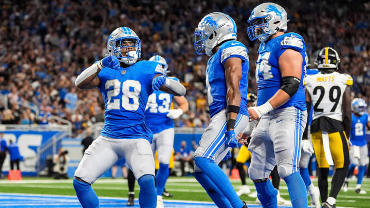 Detroit Lions running back Jermar Jefferson (28) celebrates a touchdown against Pittsburgh Steelers during the second half of a preseason game at Ford Field in Detroit on Saturday, August 24, 2024.