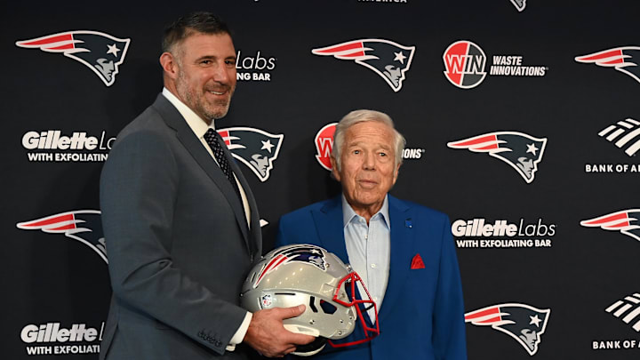 Mike Vrabel poses for a photo with New England Patriots owner Robert Kraft after a press conference at Gillette Stadium. Mike Vrabel poses for a photo with New England Patriots owner Robert Kraft after a press conference at Gillette Stadium.