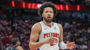 Jan 20, 2025; Houston, Texas, USA; Detroit Pistons guard Cade Cunningham (2) reacts to a call while playing against the Houston Rockets  in the second quarter at Toyota Center. Mandatory Credit: Thomas Shea-Imagn Images