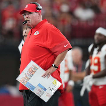 Kansas City Chiefs head coach Andy Reid walks the sidelines during their preseason game against the Arizona Cardinals at State Farm Stadium on Aug. 9, 2025.