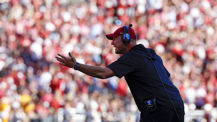 Oct 26, 2024; Tuscaloosa, Alabama, USA;  Alabama Crimson Tide head coach Kalen DeBoer reacts after a play during the first half against the Missouri Tigers at Bryant-Denny Stadium. Mandatory Credit: Butch Dill-Imagn Images