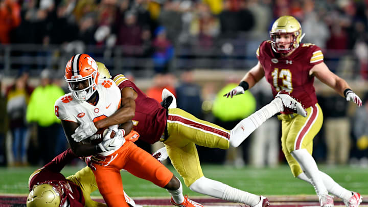 Nov 10, 2018; Chestnut Hill, MA, USA; Clemson Tigers cornerback A.J. Terrell (8) is tackled by Boston College Eagles defensive back Lukas Denis (21) during the first half at Alumni Stadium. Mandatory Credit: Brian Fluharty-Imagn Images