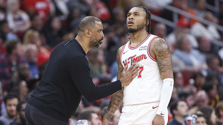 Feb 23, 2024; Houston, Texas, USA; Houston Rockets head coach Ime Udoka talks with forward Cam Whitmore (7) during the third quarter against the Phoenix Suns at Toyota Center. Mandatory Credit: Troy Taormina-Imagn Images