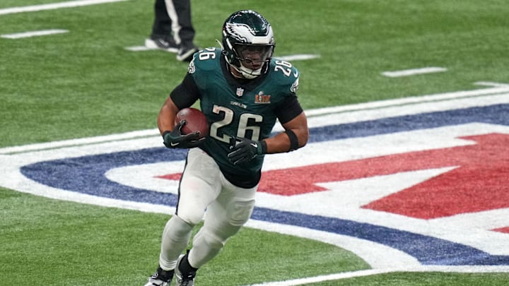 Philadelphia Eagles running back Saquon Barkley rushes the ball against the Kansas City Chiefs during Super Bowl LIX. Philadelphia Eagles running back Saquon Barkley rushes the ball against the Kansas City Chiefs during Super Bowl LIX.