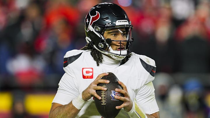Jan 18, 2025; Kansas City, Missouri, USA; Houston Texans quarterback C.J. Stroud (7) drops back to pass during the second half against the Kansas City Chiefs in a 2025 AFC divisional round game at GEHA Field at Arrowhead Stadium. Mandatory Credit: Jay Biggerstaff-Imagn Images Jan 18, 2025; Kansas City, Missouri, USA; Houston Texans quarterback C.J. Stroud (7) drops back to pass during the second half against the Kansas City Chiefs in a 2025 AFC divisional round game at GEHA Field at Arrowhead Stadium. Mandatory Credit: Jay Biggerstaff-Imagn Images