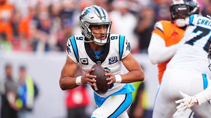Carolina Panthers quarterback Bryce Young prepares to pass the ball in the fourth quarter against the Denver Broncos.