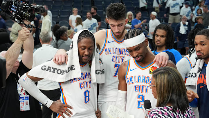Oklahoma City Thunder forward Jalen Williams (8), forward Chet Holmgren (7) and guard Shai Gilgeous-Alexander (2) talk to the media after defeating the Minnesota Timberwolves in game four of the western conference finals for the 2025 NBA Playoffs. Oklahoma City Thunder forward Jalen Williams (8), forward Chet Holmgren (7) and guard Shai Gilgeous-Alexander (2) talk to the media after defeating the Minnesota Timberwolves in game four of the western conference finals for the 2025 NBA Playoffs.