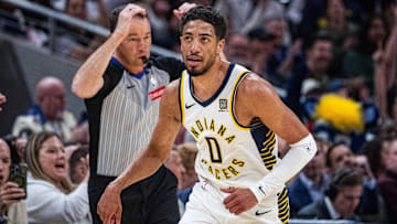 Feb 26, 2025; Indianapolis, Indiana, USA; Indiana Pacers guard Tyrese Haliburton (0) celebrates a made basket in the first half against the Toronto Raptors at Gainbridge Fieldhouse. Mandatory Credit: Trevor Ruszkowski-Imagn Images