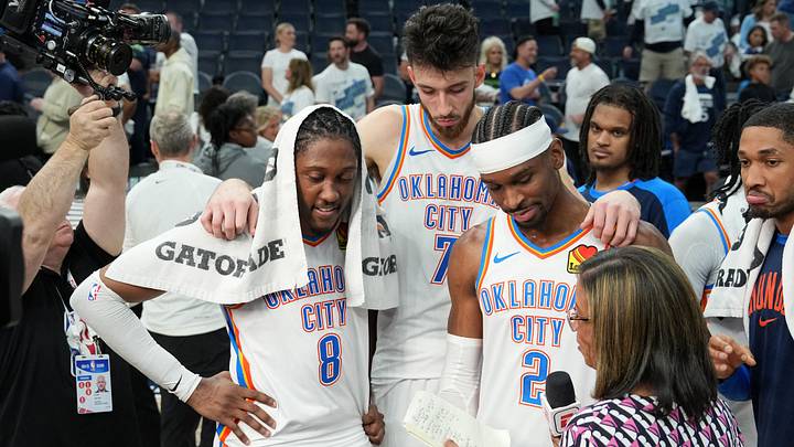 May 26, 2025; Minneapolis, Minnesota, USA; Oklahoma City Thunder forward Jalen Williams (8), forward Chet Holmgren (7) and guard Shai Gilgeous-Alexander (2) talk to the media after defeating the Minnesota Timberwolves in game four of the western conference finals for the 2025 NBA Playoffs at Target Center. Mandatory Credit: Jesse Johnson-Imagn Images