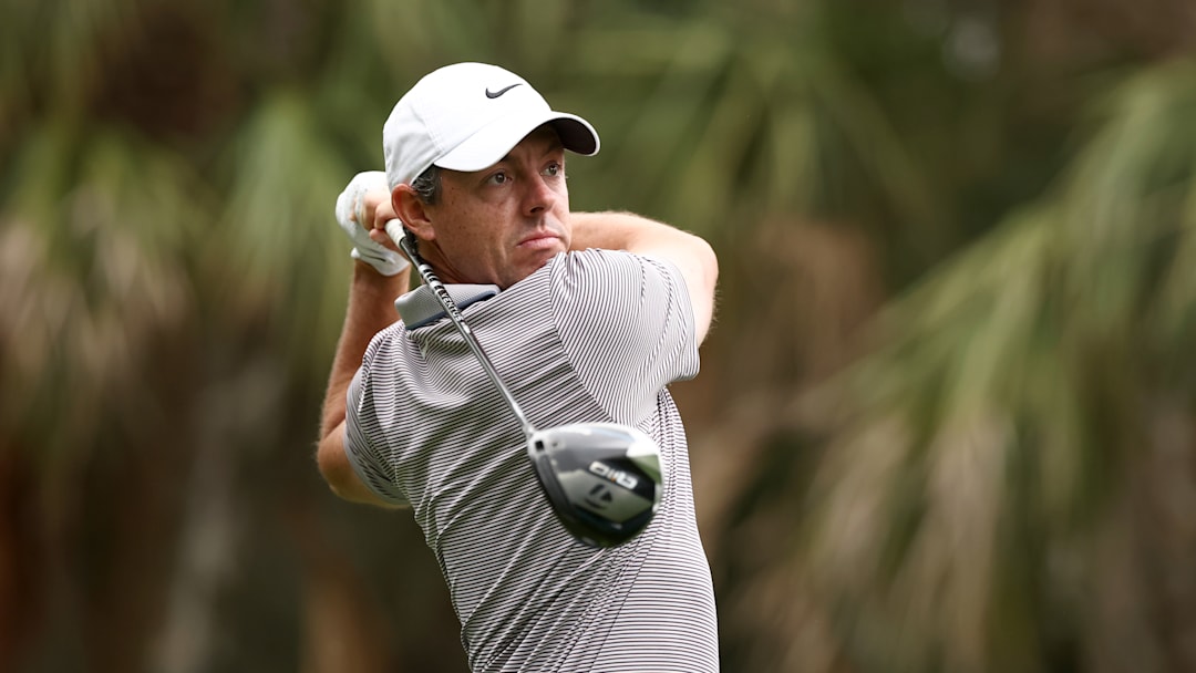 Rory McIlroy tees off during the final round of the 2025 Players Championship