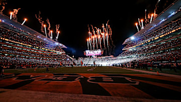 Jan 15, 2023; Cincinnati, Ohio, USA; A general view of Paycor Stadium as fireworks go off before a wild card game between the Baltimore Ravens and the Cincinnati Bengals. Mandatory Credit: Joseph Maiorana-Imagn Images
