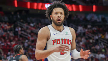 Jan 20, 2025; Houston, Texas, USA; Detroit Pistons guard Cade Cunningham (2) : Thomas Shea-Imagn Images