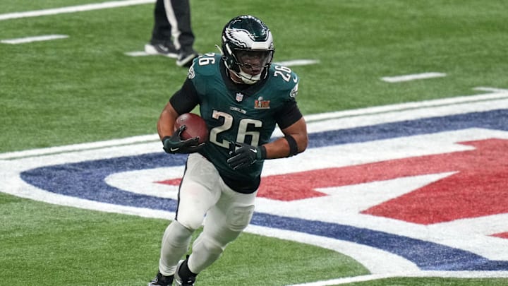 Feb 9, 2025; New Orleans, LA, USA; Philadelphia Eagles running back Saquon Barkley (26) rushes the ball against the Kansas City Chiefs during the third quarter in Super Bowl LIX  at Caesars Superdome. Mandatory Credit: Kirby Lee-Imagn Images