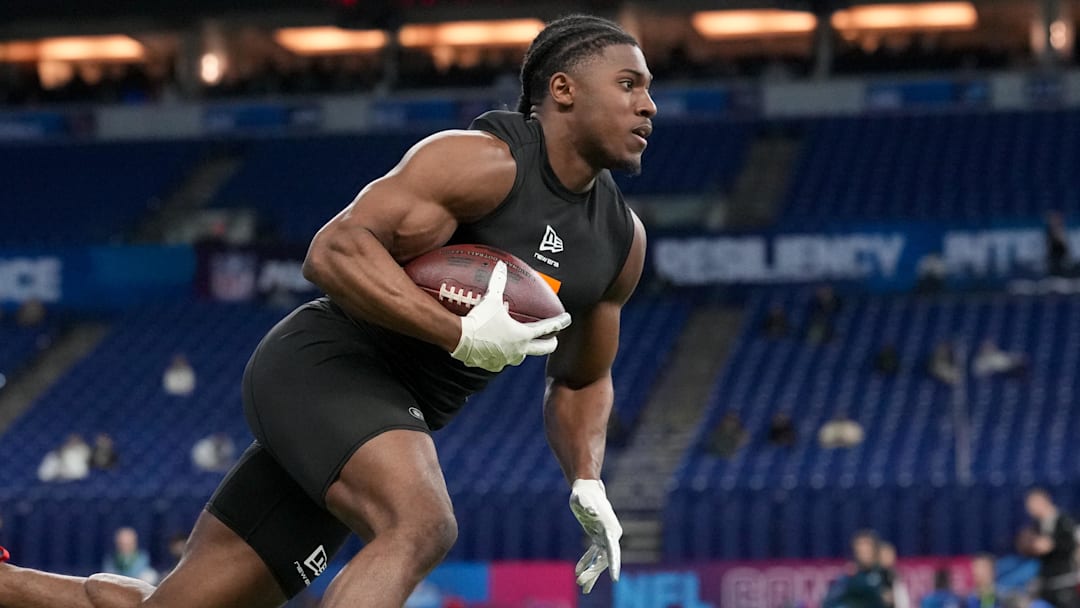 Feb 28, 2026; Indianapolis, IN, USA; Notre Dame running back Jadarian Price (RB15) during the NFL Scouting Combine at Lucas Oil Stadium. 