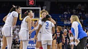 Feb 20, 2025; Los Angeles, California, USA; UCLA Bruins head coach Cori Close talks to her players center Lauren Betts (51), guard Gabriela Jaquez (11), guard Kiki Rice (1) and guard Londynn Jones (3) during the fourth quarter at Pauley Pavilion presented by Wescom. Mandatory Credit: Robert Hanashiro-Imagn Images