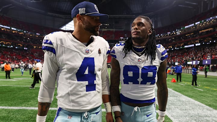 Nov 3, 2024; Atlanta, Georgia, USA; Dallas Cowboys quarterback Dak Prescott (4) and wide receiver CeeDee Lamb (88) walk off the field after a loss against the Atlanta Falcons at Mercedes-Benz Stadium. Mandatory Credit: Brett Davis-Imagn Images Nov 3, 2024; Atlanta, Georgia, USA; Dallas Cowboys quarterback Dak Prescott (4) and wide receiver CeeDee Lamb (88) walk off the field after a loss against the Atlanta Falcons at Mercedes-Benz Stadium. Mandatory Credit: Brett Davis-Imagn Images