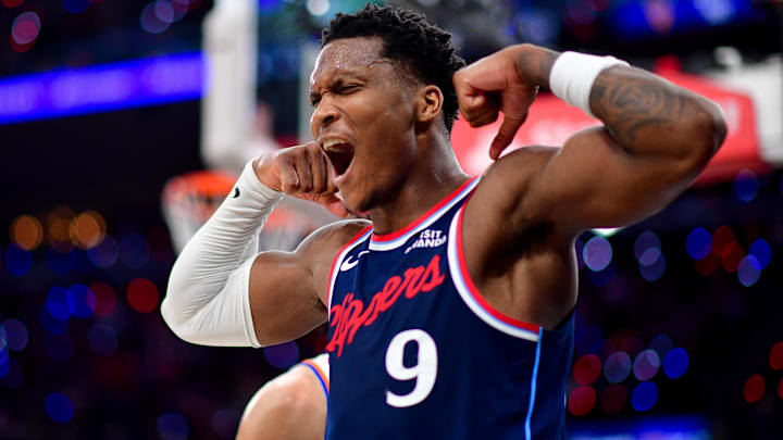 Los Angeles Clippers guard Bennedict Mathurin (9) reacts after scoring a basket and drawing the foul against the New York Knicks during the second half at Intuit Dome.