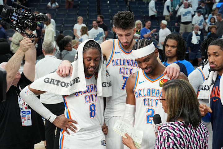 Oklahoma City Thunder players Jalen Williams, Chet Holmgren, and guard Shai Gilgeous-Alexander talk to the media after defeat