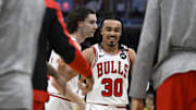 Mar 10, 2025; Chicago, Illinois, USA; Chicago Bulls guard Tre Jones (30) and guard Josh Giddey (3) during the second half against the Indiana Pacers  at United Center. Mandatory Credit: Matt Marton-Imagn Images