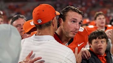 Cade Klubnik with Dabo Swinney at the finally of the Troy v Clemson game 