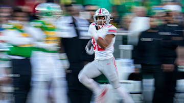 Ohio State Buckeyes running back TreVeyon Henderson (32) runs for a touchdown during the College Football Playoff quarterfinal against the Oregon Ducks at the Rose Bowl in Pasadena, Calif. on Jan. 1, 2025. Ohio State won 41-21.