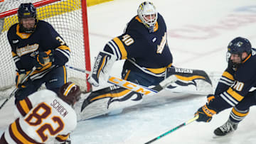 ASU Sun Devils forward Charlie Schoen (82) attempts a shot as Augustana Vikings goalie Zack Rose (40) defends the net at Mullett Arena in Tempe on Jan. 19, 2024.