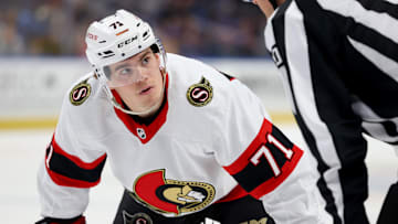 Mar 27, 2024; Buffalo, New York, USA;  Ottawa Senators center Ridly Greig (71) waits for the face-off during the second period against the Buffalo Sabres at KeyBank Center. Mandatory Credit: Timothy T. Ludwig-Imagn Images