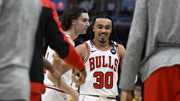Mar 10, 2025; Chicago, Illinois, USA; Chicago Bulls guard Tre Jones (30) and guard Josh Giddey (3) during the second half against the Indiana Pacers  at United Center. Mandatory Credit: Matt Marton-Imagn Images