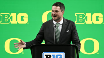 Jul 25, 2024; Indianapolis, IN, USA; Oregon Ducks head coach ??Dan Lanning speaks to the media during the Big 10 football media day at Lucas Oil Stadium. Mandatory Credit: Robert Goddin-USA TODAY Sports