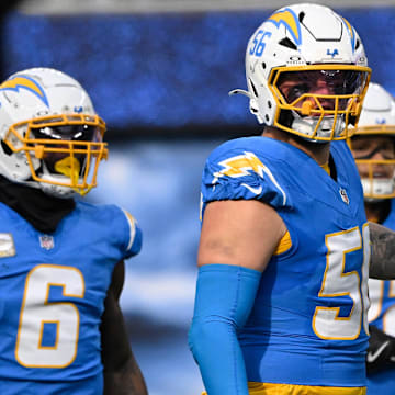 Nov 10, 2024; Inglewood, California, USA; Los Angeles Chargers defensive end Morgan Fox (56) during the second quarter against the Tennessee Titans at SoFi Stadium. 