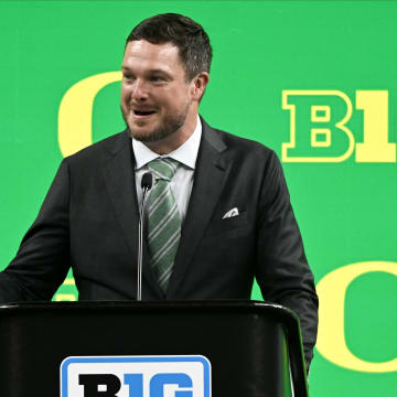 Jul 25, 2024; Indianapolis, IN, USA; Oregon Ducks head coach ??Dan Lanning speaks to the media during the Big 10 football media day at Lucas Oil Stadium. Mandatory Credit: Robert Goddin-USA TODAY Sports