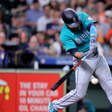 Seattle Mariners second baseman Jorge Polanco (7) hits a single against the Houston Astros during the fifth inning at Minute Maid Park on May 4.