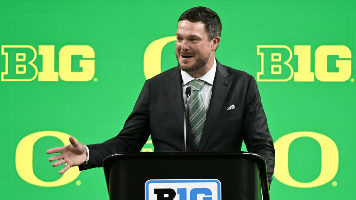 Jul 25, 2024; Indianapolis, IN, USA; Oregon Ducks head coach Dan Lanning speaks to the media during the Big 10 football media day.