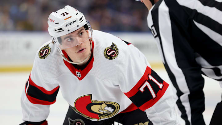Mar 27, 2024; Buffalo, New York, USA;  Ottawa Senators center Ridly Greig (71) waits for the face-off during the second period against the Buffalo Sabres at KeyBank Center. Mandatory Credit: Timothy T. Ludwig-Imagn Images