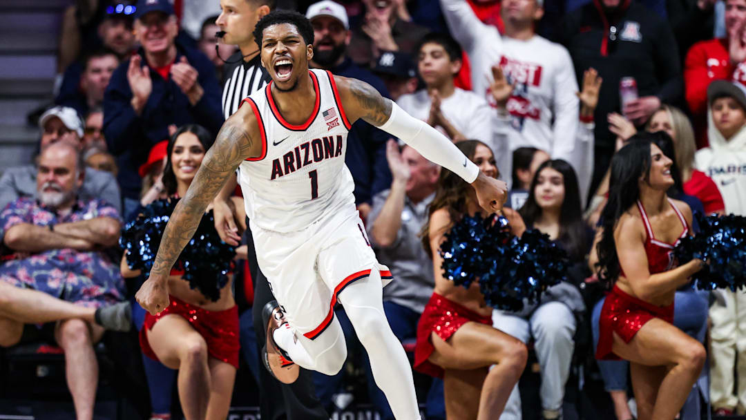 Dec 30, 2024; Tucson, Arizona, USA; Arizona Wildcats guard Caleb Love (1) celebrates his dunk during the first half of the game against the TCU Horned Frogs at McKale Center. Dec 30, 2024; Tucson, Arizona, USA; Arizona Wildcats guard Caleb Love (1) celebrates his dunk during the first half of the game against the TCU Horned Frogs at McKale Center.