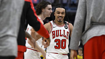 Mar 10, 2025; Chicago, Illinois, USA; Chicago Bulls guard Tre Jones (30) and guard Josh Giddey (3) during the second half against the Indiana Pacers  at United Center. Mandatory Credit: Matt Marton-Imagn Images