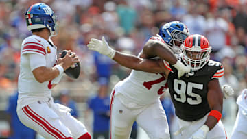 Myles Garrett pressuring New York Giants quarterback Daniel Jones
